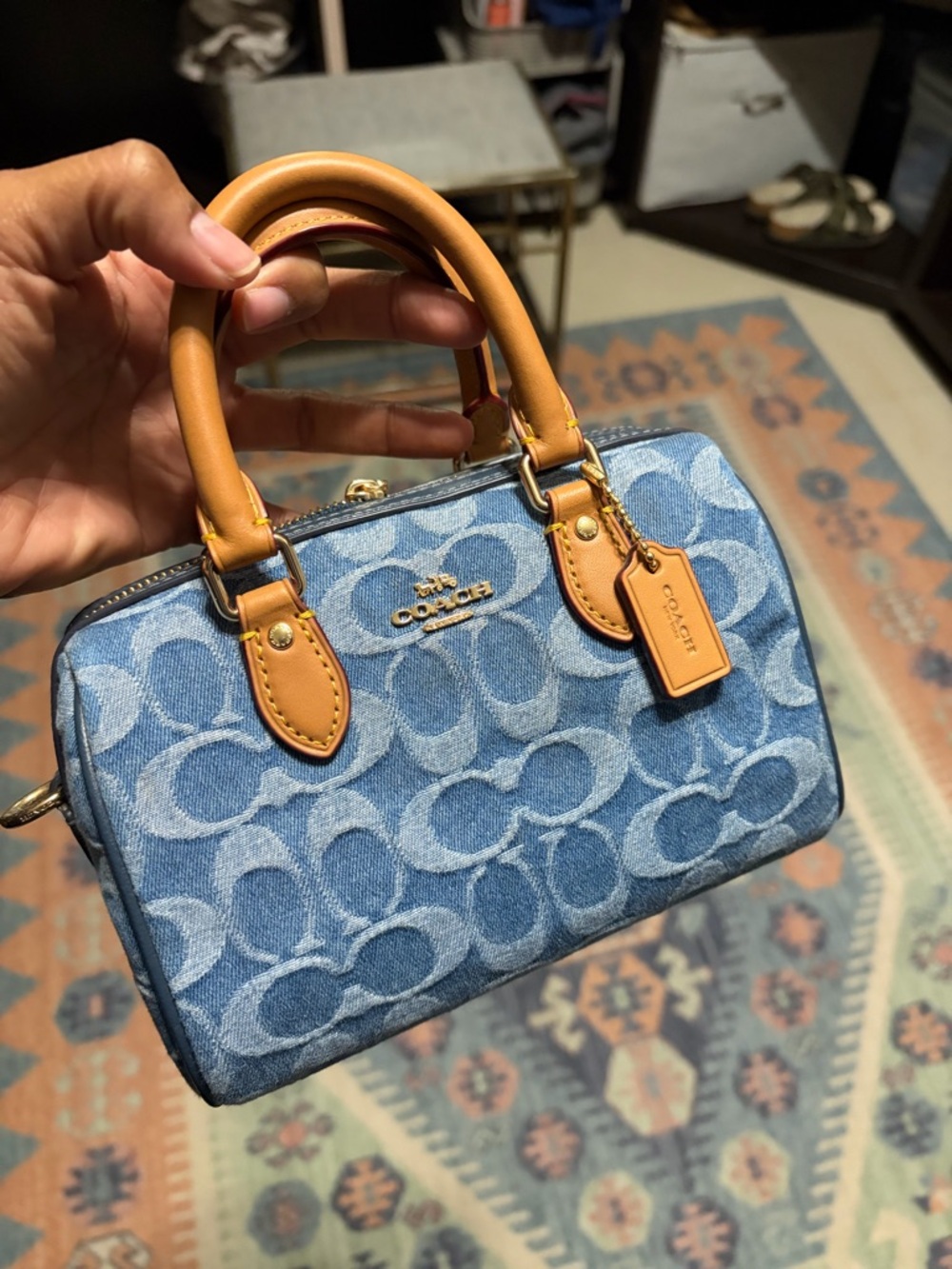 Coach Blue Denim Mini Rowan Satchel with Tan Leather Trim and Gold Hardware - Picture 7 of 7